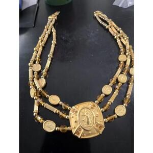 Rare Mint Signed Napier “Greece” Necklace & Earrings Set • Gold Tone Medallions
